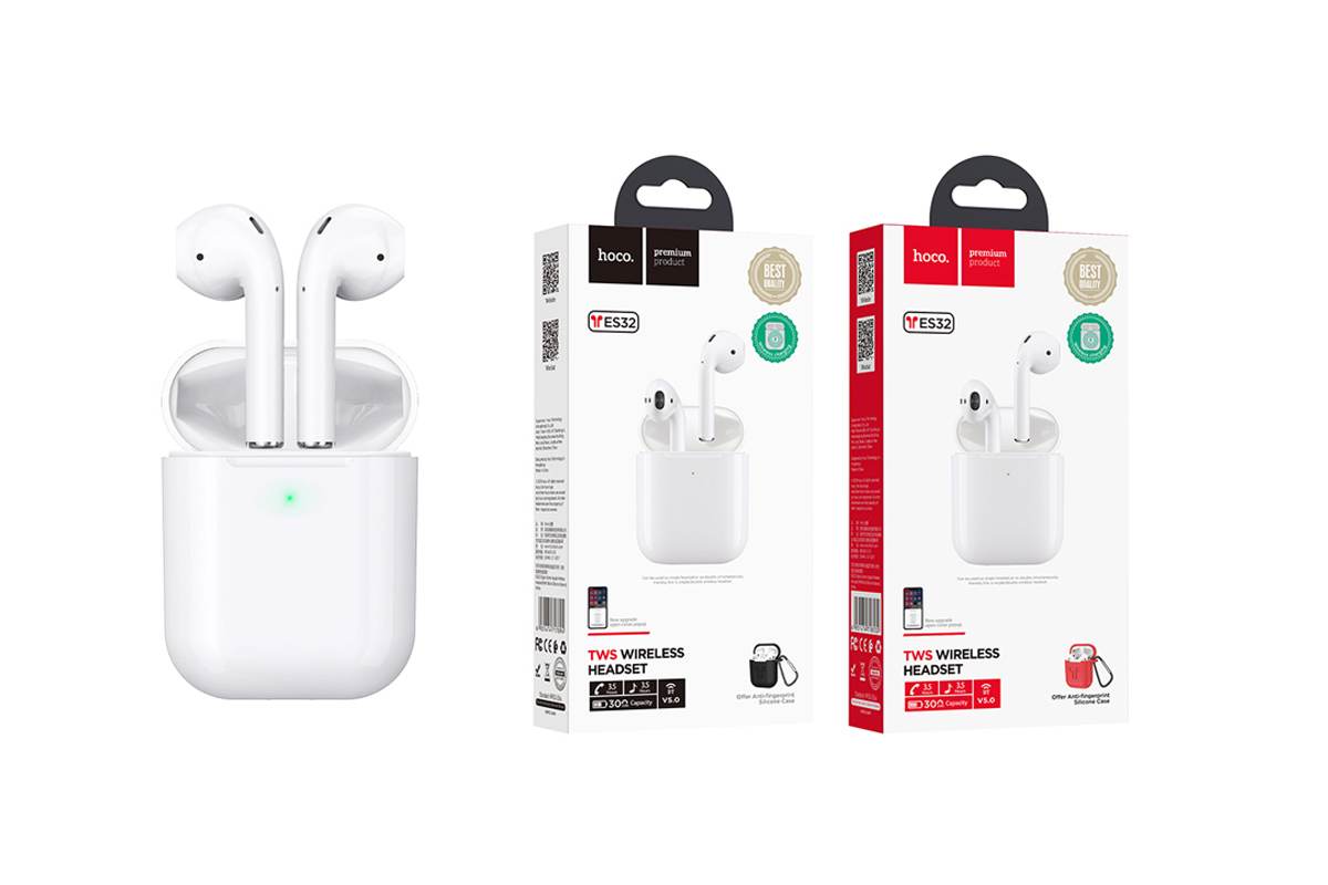 Bluetooth-гарнитура ES32 Original series apple wireless headset HOCO белая (Красный силиконовый чехол) + заушники
