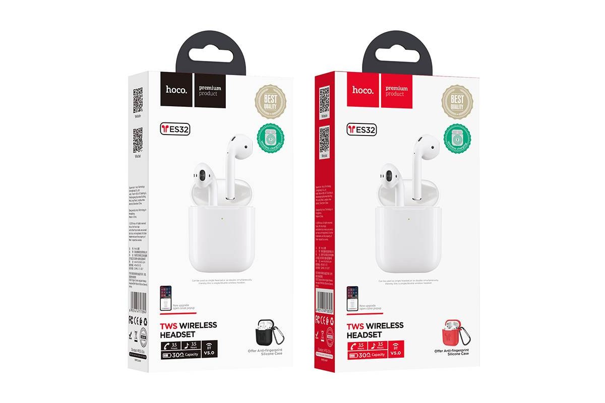 Bluetooth-гарнитура ES32 Original series apple wireless headset HOCO белая (Красный силиконовый чехол) + заушники