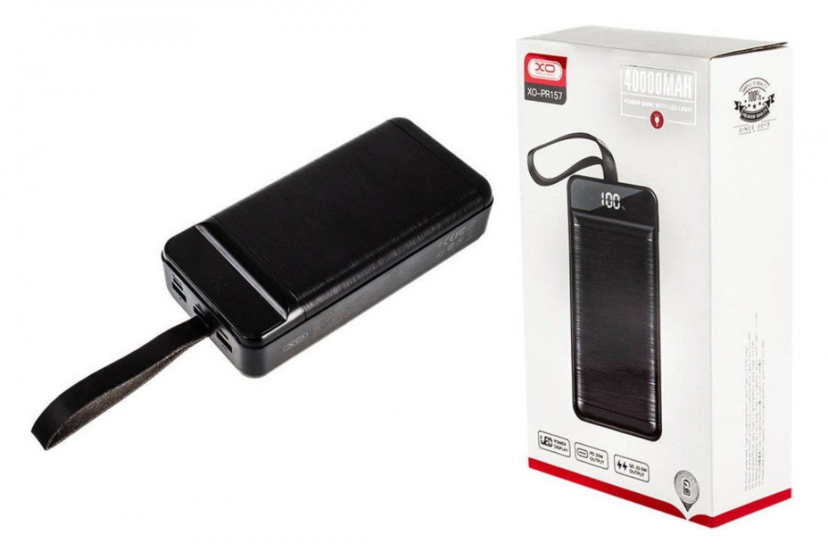 Универсальный дополнительный аккумулятор Power Bank XO PR-157, 40000 mAh, 3A вх/вых, USB/Type-C, QC 3.0+PD, черный (-)