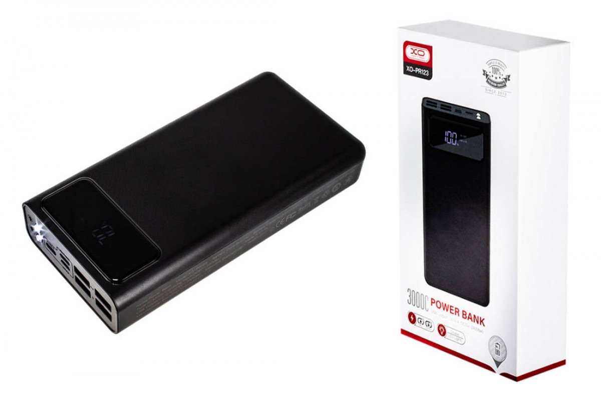 Универсальный дополнительный аккумулятор Power Bank XO PR-123, 30000 mAh, 2A вх/вых, USBx4, дисплей, черный (-)