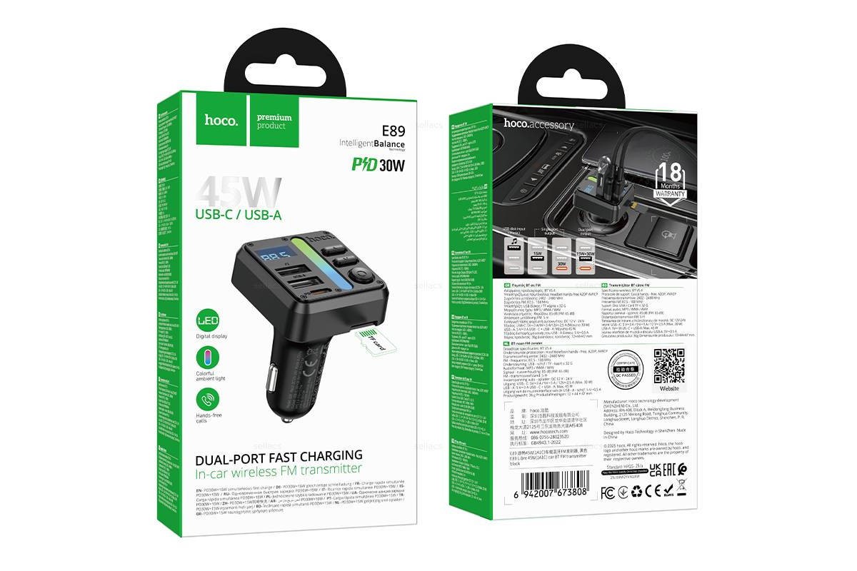 FM-Модулятор HOCO E89 Libre 45W 1A1C автомобильный BT FM трансмиттер (черный)