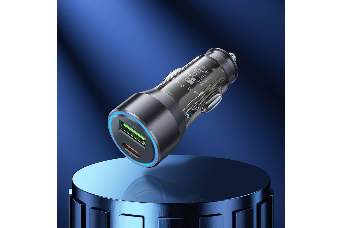 Автомобильное зарядное устройство АЗУ USB + USB-C + кабель Lightning HOCO NZ12A Action PD43W+QC3.0 (черный прозрачный)