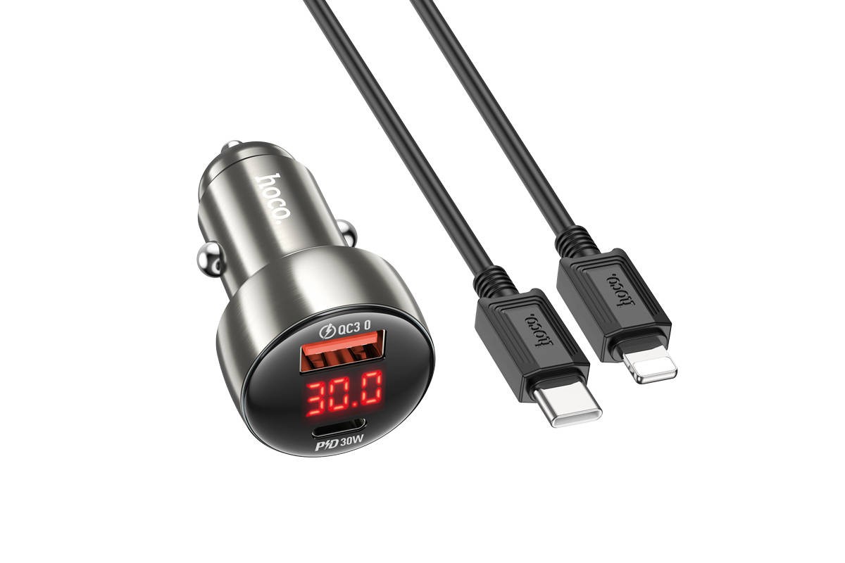 Автомобильное зарядное устройство АЗУ USB + USB-C + кабель Lightning HOCO Z50 Leader PD30W + QC3.0 (серый)