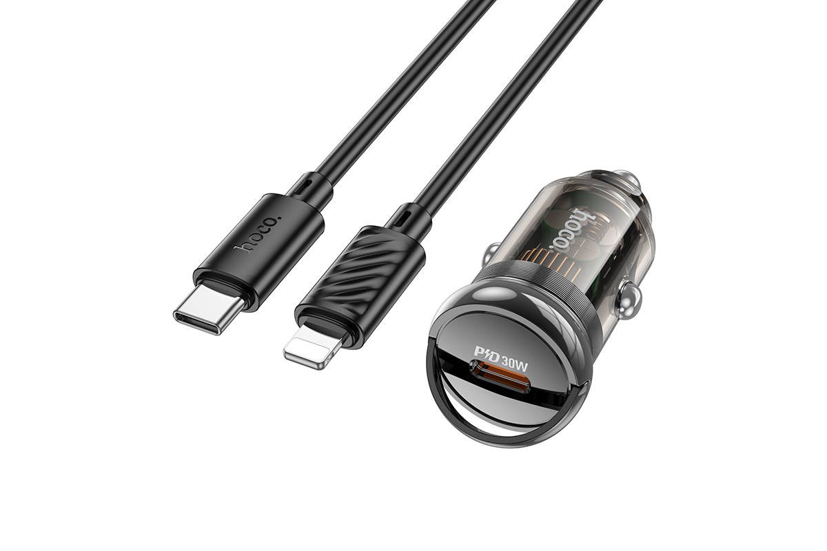 Автомобильное зарядное устройство АЗУ USB-C + кабель Lightning HOCO Z53 PD30W (черный прозрачный)