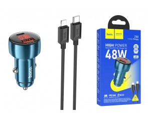 Автомобильное зарядное устройство АЗУ USB + USB-C + кабель Lightning HOCO Z50 Leader PD30W + QC3.0 (синий)