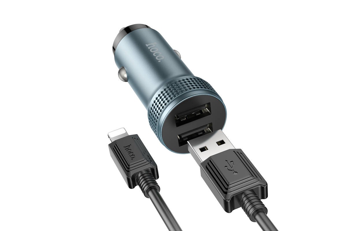 Автомобильное зарядное устройство АЗУ 2USB + кабель Lightning HOCO Z49 Level (серый)