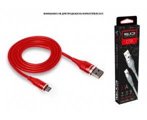 Кабель USB - MicroUSB WALKER C735 прорезиненный, с металл. разъемом (3.1А), красный