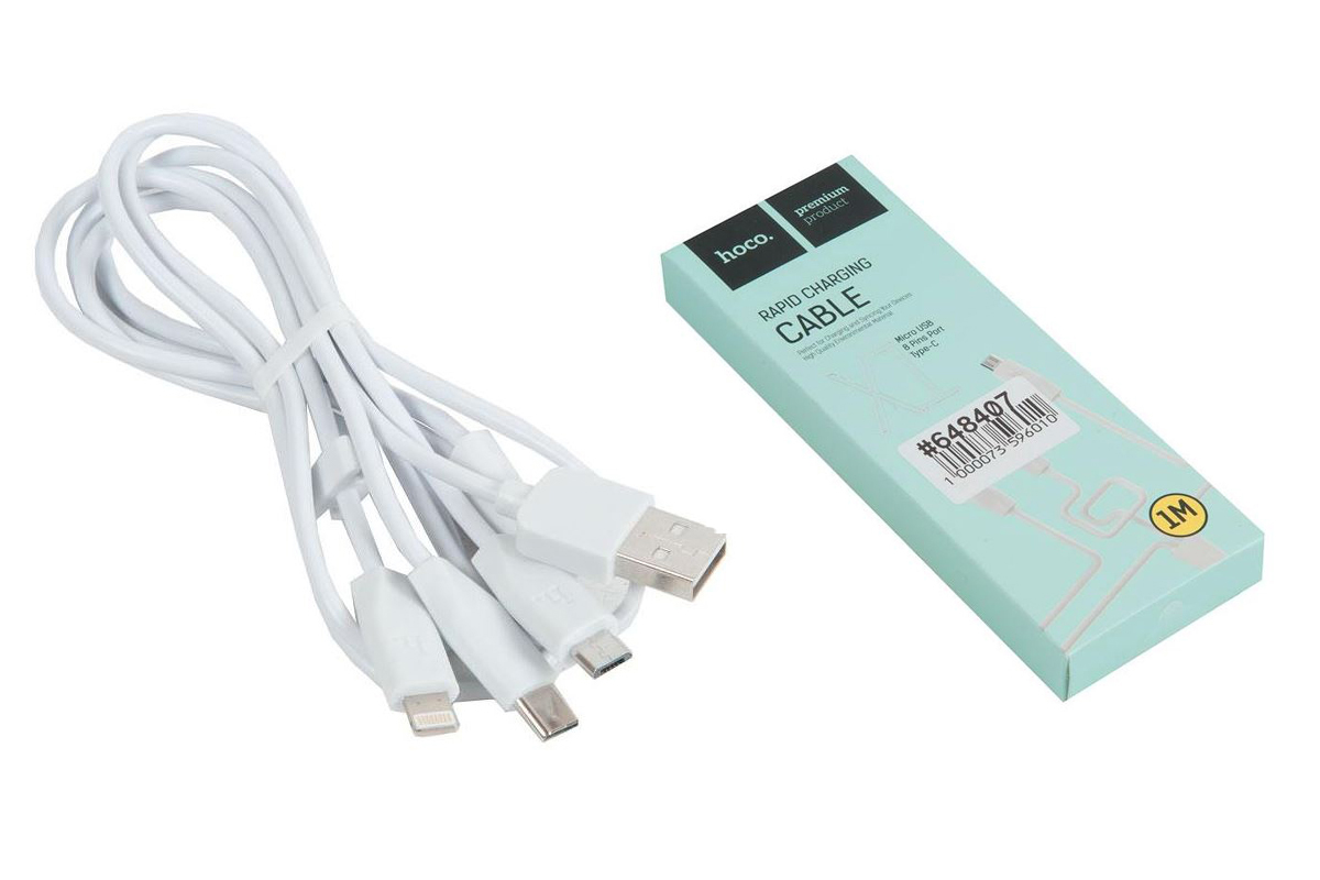 Кабель для iPhone HOCO X1 X1 Rapid charging cable (lightning+Micro+Type-C) 1M 1м белый