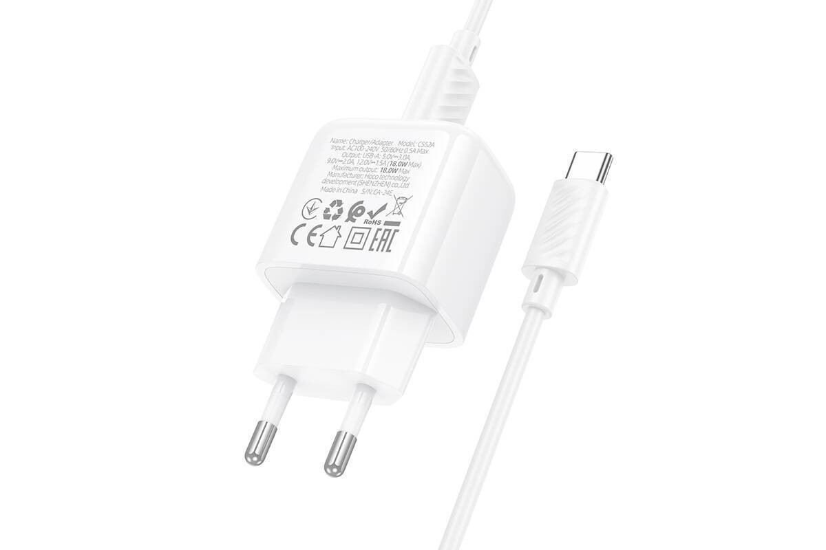 Сетевое зарядное устройство USB + кабель Type-C HOCO CS52A Surplus single-port QC3.0 (белый) Сетевое зарядное устройство USB + кабель Type-C HOCO CS52A Surplus single-port QC3.0 (белый)