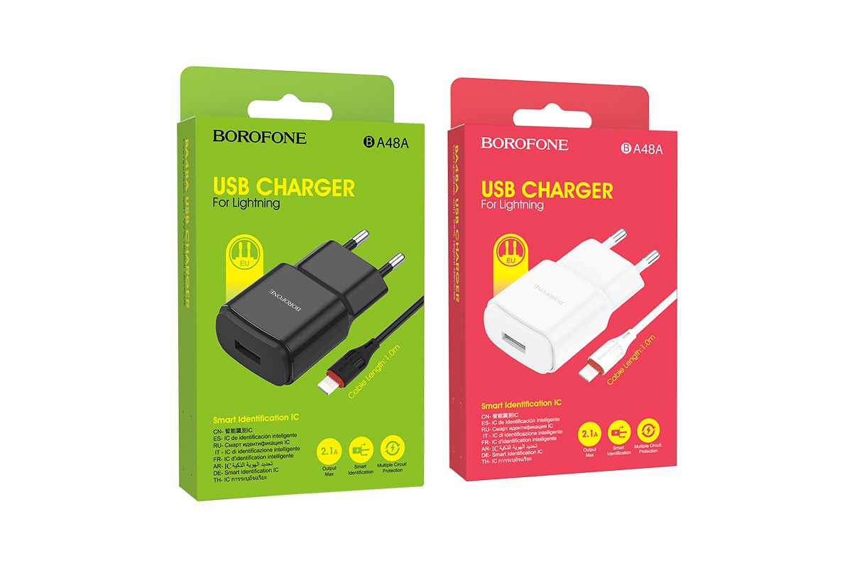 Сетевое зарядное устройство 2 USB 2400mAh + кабель iPhone 5/6/7 BOROFONE BA48A single port charger set черный