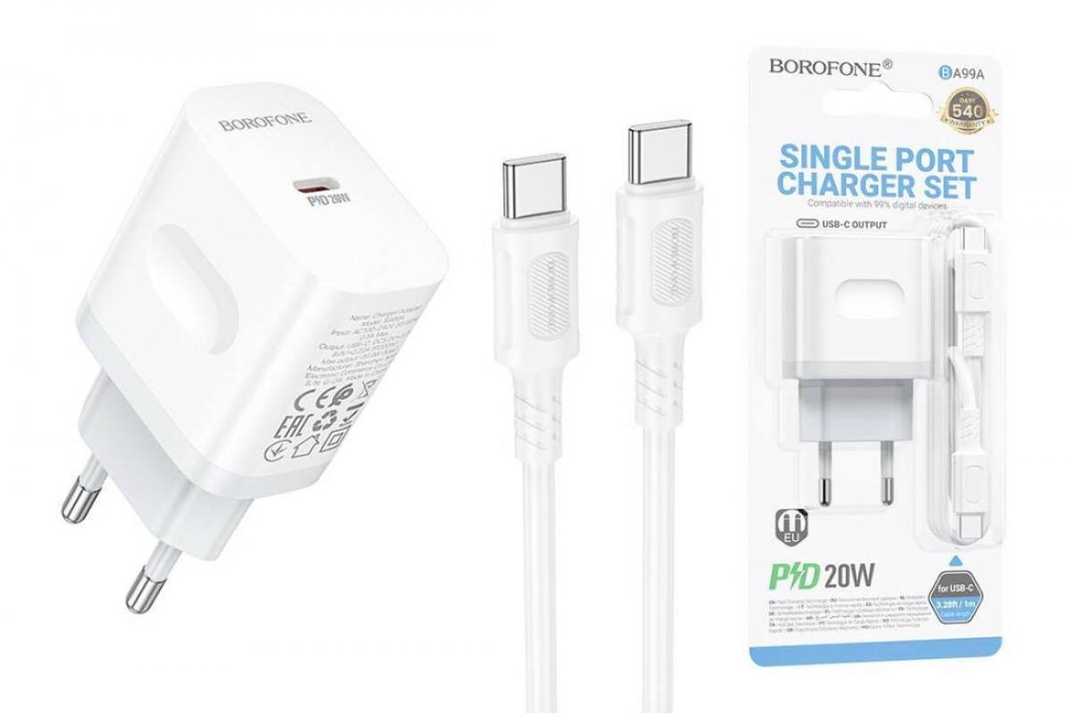 Сетевое зарядное устройство USB-C + кабель Type-C - Type-C BOROFONE BA99A Breeze single port (один порт)PD20W (белый)