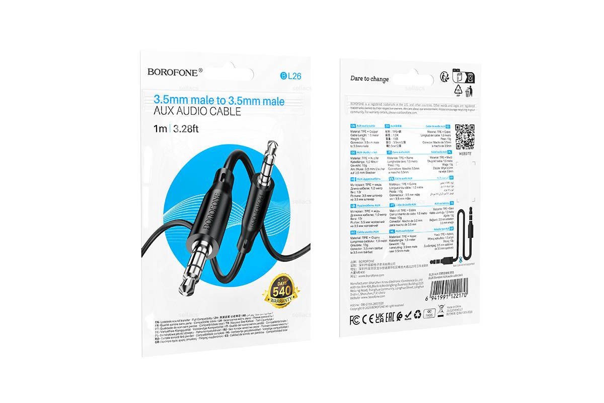 Кабель аудио AUX BOROFONE BL26 AUX 3.5 1 метр черный