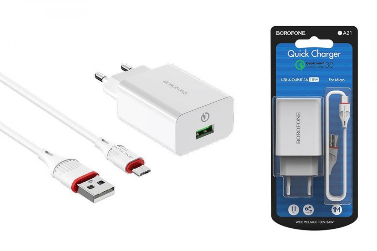 Сетевое зарядное устройство USB + кабель micro USB BOROFONE BA21A Long journey single port QC3.0 charger set белый