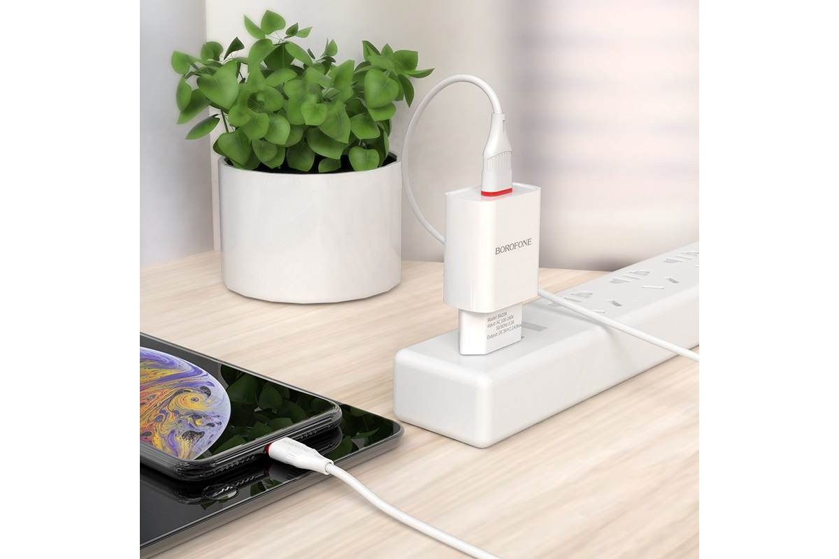 Сетевое зарядное устройство 2 USB 2400mAh + кабель iPhone 5/6/7 BOROFONE BA20A Sharp single port charger set белый