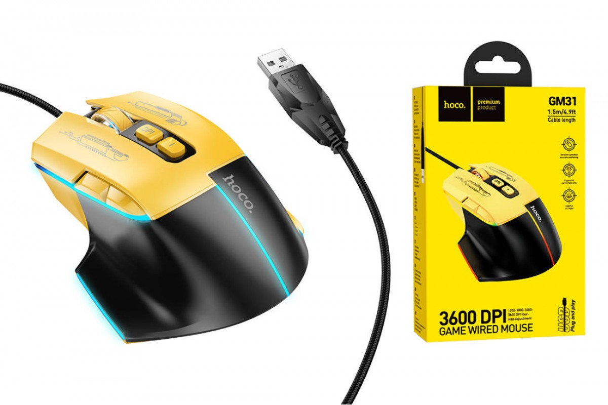 Мышь проводная НОСО GM31 Overlord luminous gaming wired mouse (черно-желтый)