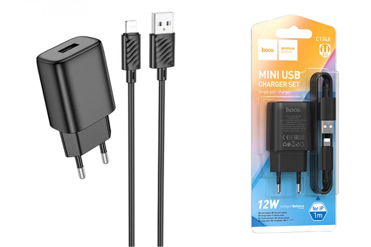 Сетевое зарядное устройство USB + кабель Lightning HOCO C134A 2400mAh (черный)