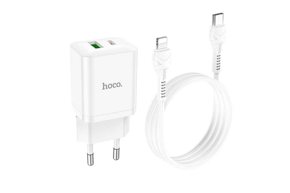 Сетевое зарядное устройство USB + USB-C + кабель Lightning-Type-C HOCO N28 PD20W+ QC 3.0 (белый)