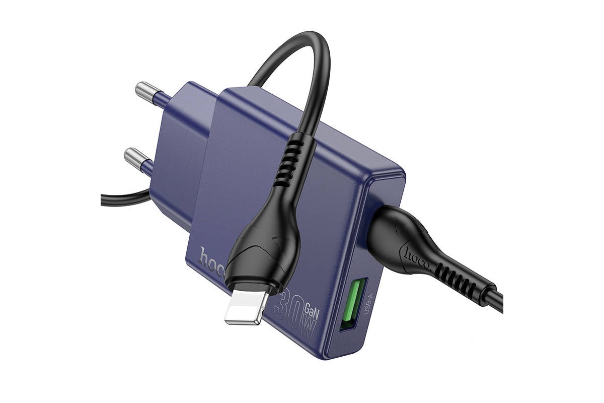 Сетевое зарядное устройство USB + USB-C + кабель Lightning-Type-C HOCO N45 PD30W+ QC 3.0 (титановый синий)