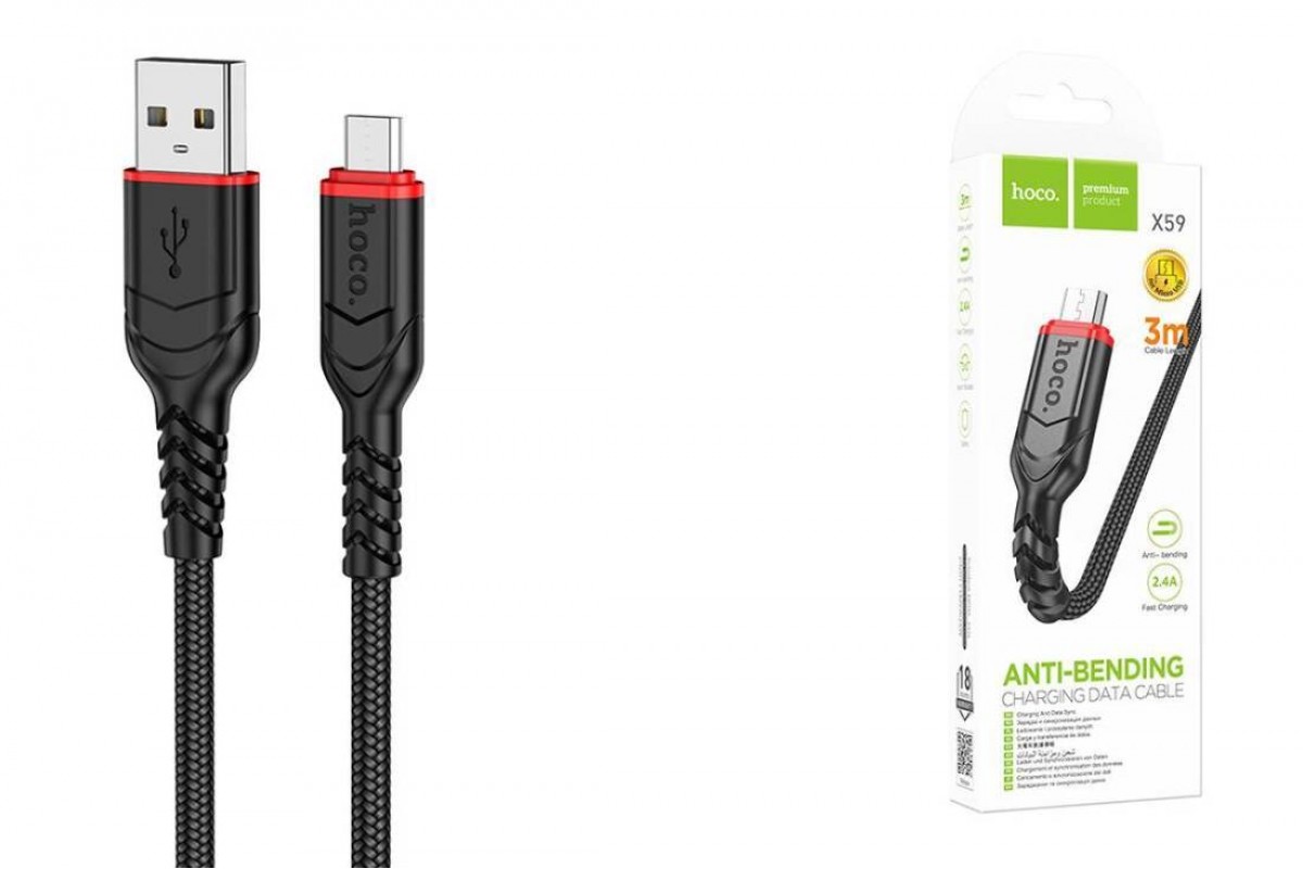 Кабель USB - MicroUSB HOCO X59 2,4A (черный) 3м (оплетка)