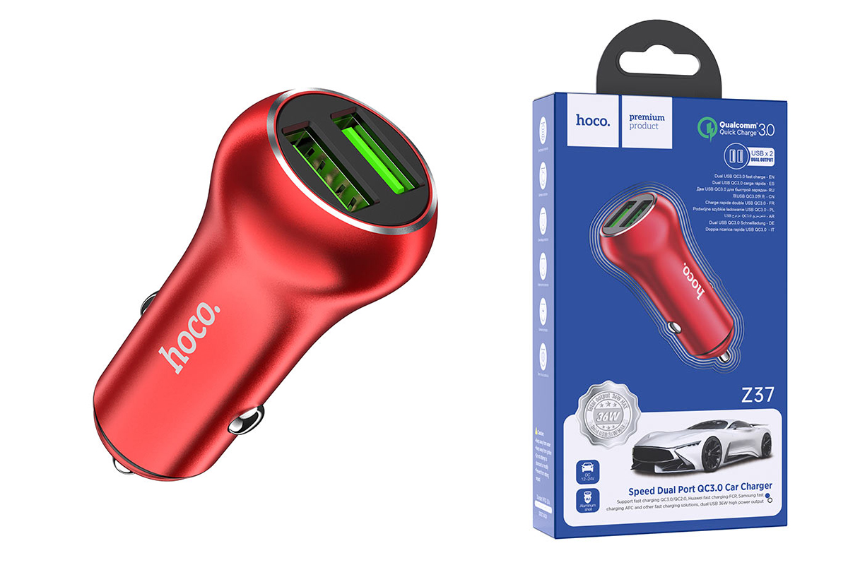 Автомобильное зарядное устройство USB HOCO Z37 Speed Up single port QC3.0 car charger красный