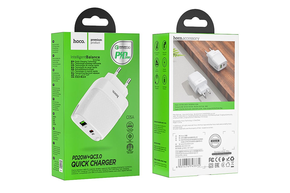 Сетевое зарядное устройство USB + Type-C HOCO C85A Brigt dual port PD20W+ QC3.0 charger белый