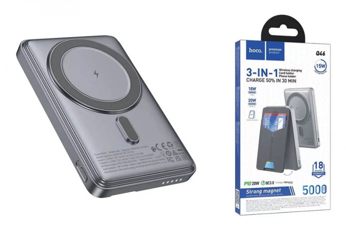Универсальный дополнительный аккумулятор Power Bank HOCO Q46 Title PD20W magnetic+cart holder+phone holder(5000mAh) Silver gray Универсальный дополнительный аккумулятор Power Bank HOCO Q46 Title PD20W magnetic+cart holder+phone holder(5000mAh) Silver gray