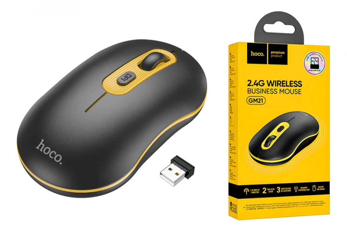 Мышь беспроводная HOCO GM21 (USB, 2.4ГГц+ВТ, 10м) (черно-желтый)