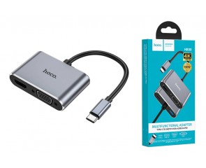 Разветвитель USB-C HUB HOCO HB30 Eco Type-C multi-function converter(HDTV+VGA+USB3.0+PD) (серый металлик)
