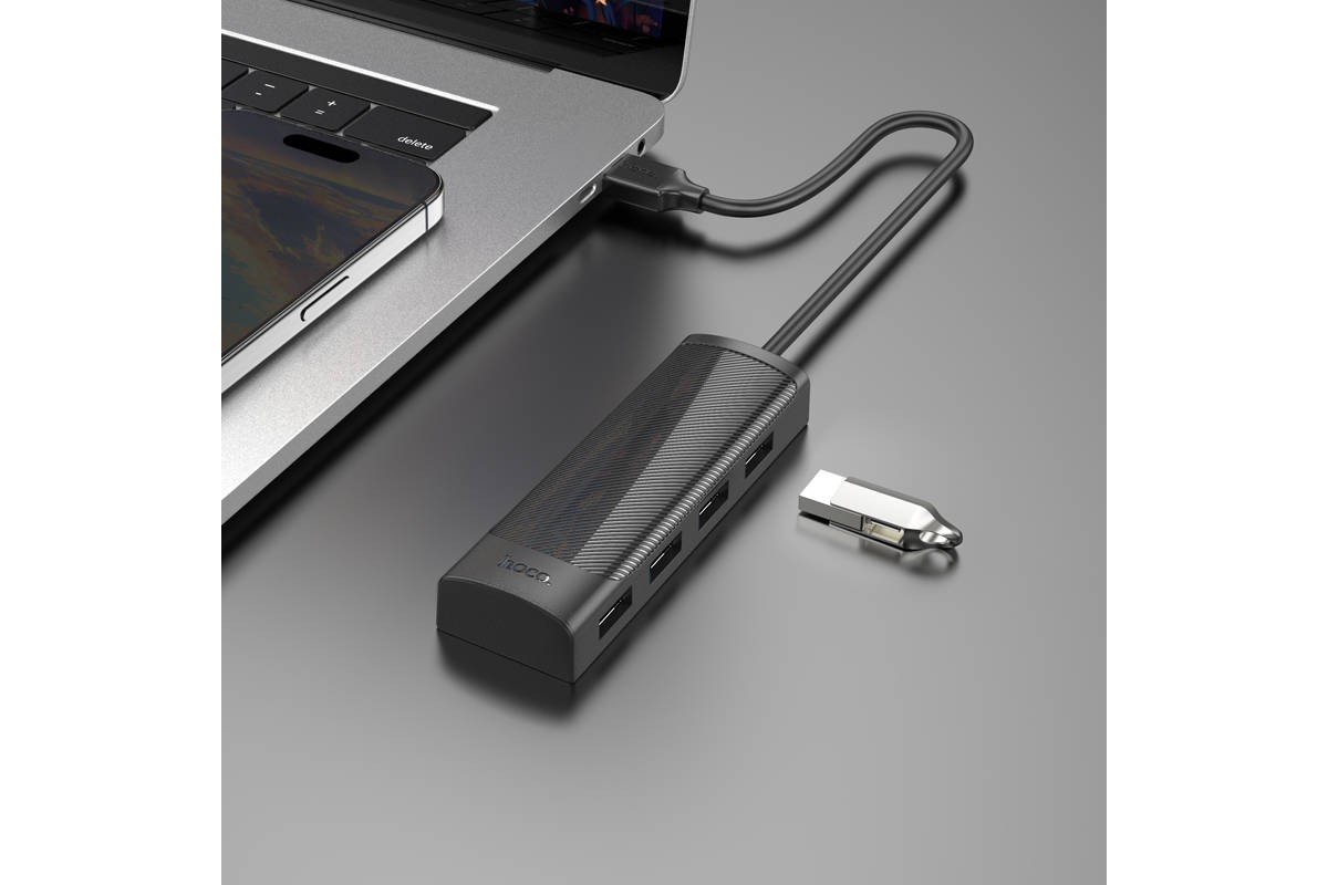 Разветвитель USB-C HUB HOCO HB41 Easy safety 4-in-1 Adapter(USB to USB2.0*4)(L=0.2M) (черный)