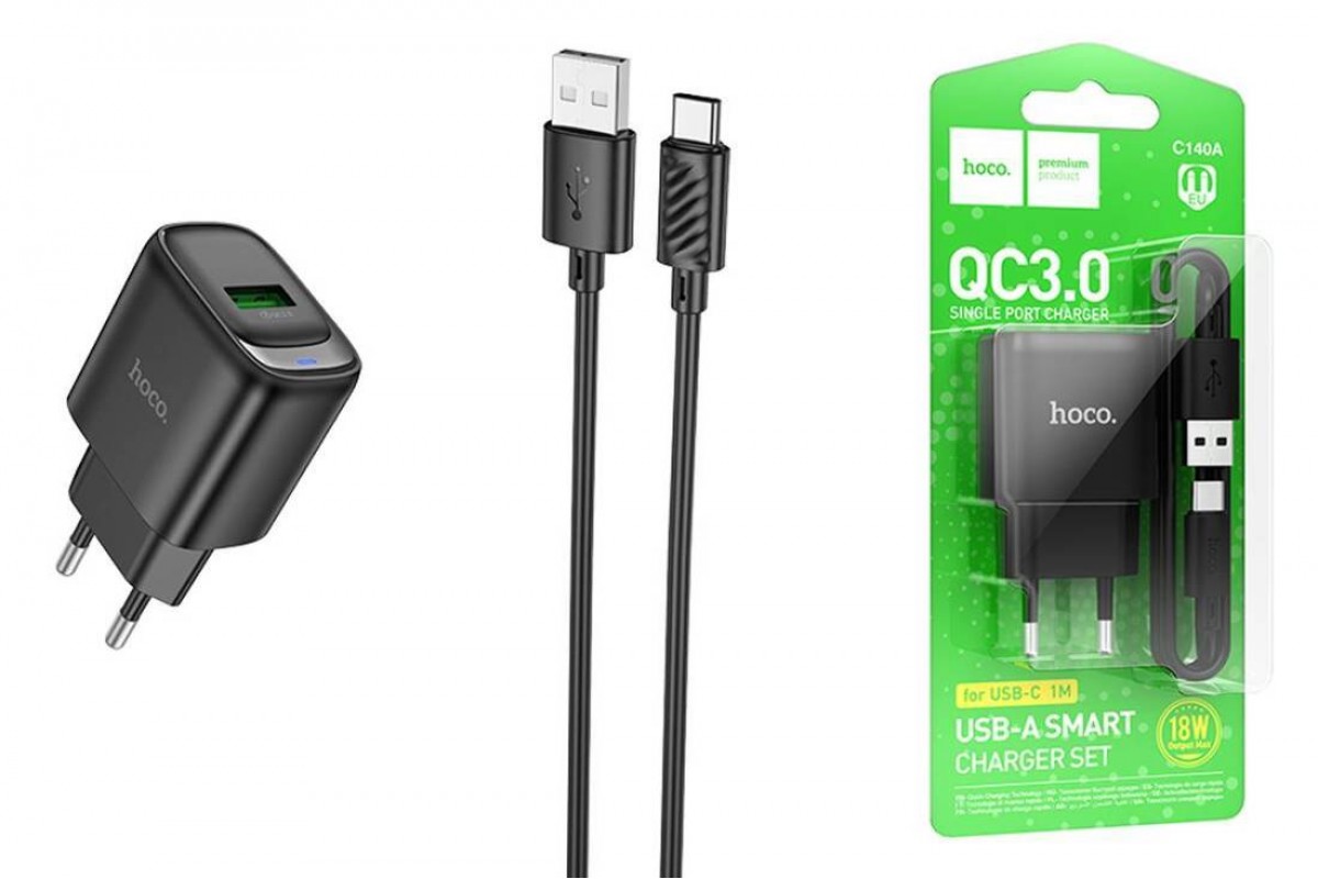 Сетевое зарядное устройство USB + кабель Type-C HOCO C140A Smart QC3.0 (черный)