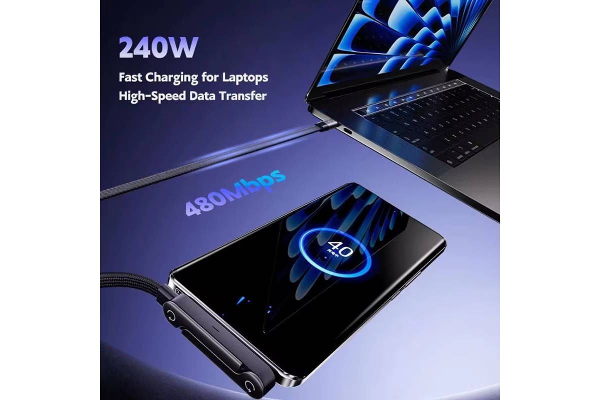 Кабель- подставка Buit-in folding phone stand USB - USB Type-C  240W Fast (белый) 1.5 м