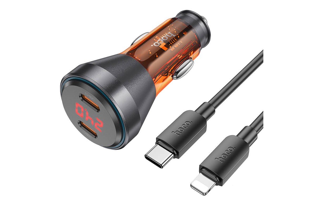 Автомобильное зарядное устройство АЗУ USB + USB-C + кабель Lightning HOCO NZ12C  PD60W ( оранжевый прозрачный)