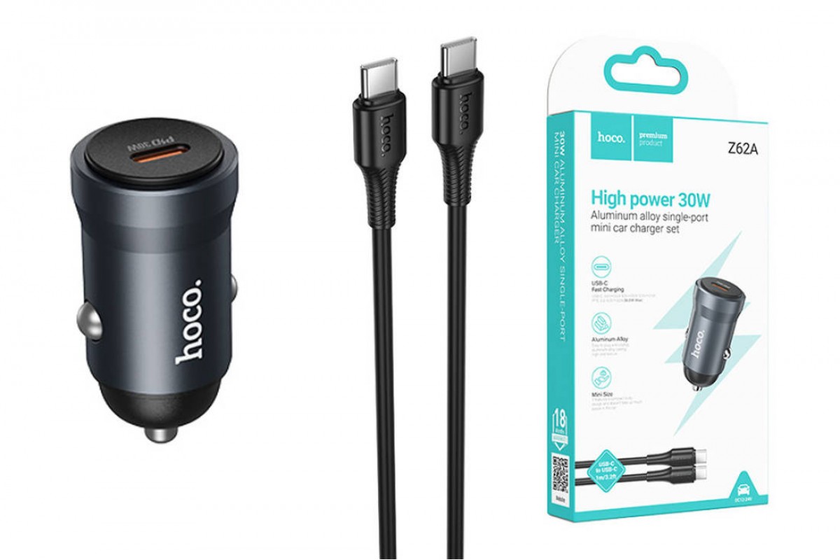 Автомобильное зарядное устройство АЗУ USB-С + кабель Type-C HOCO Z62A PD30W (серый)