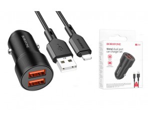 Автомобильное зарядное устройство АЗУ 2USB + кабель Lightning BOROFONE BZ19 Wisdom (черный)