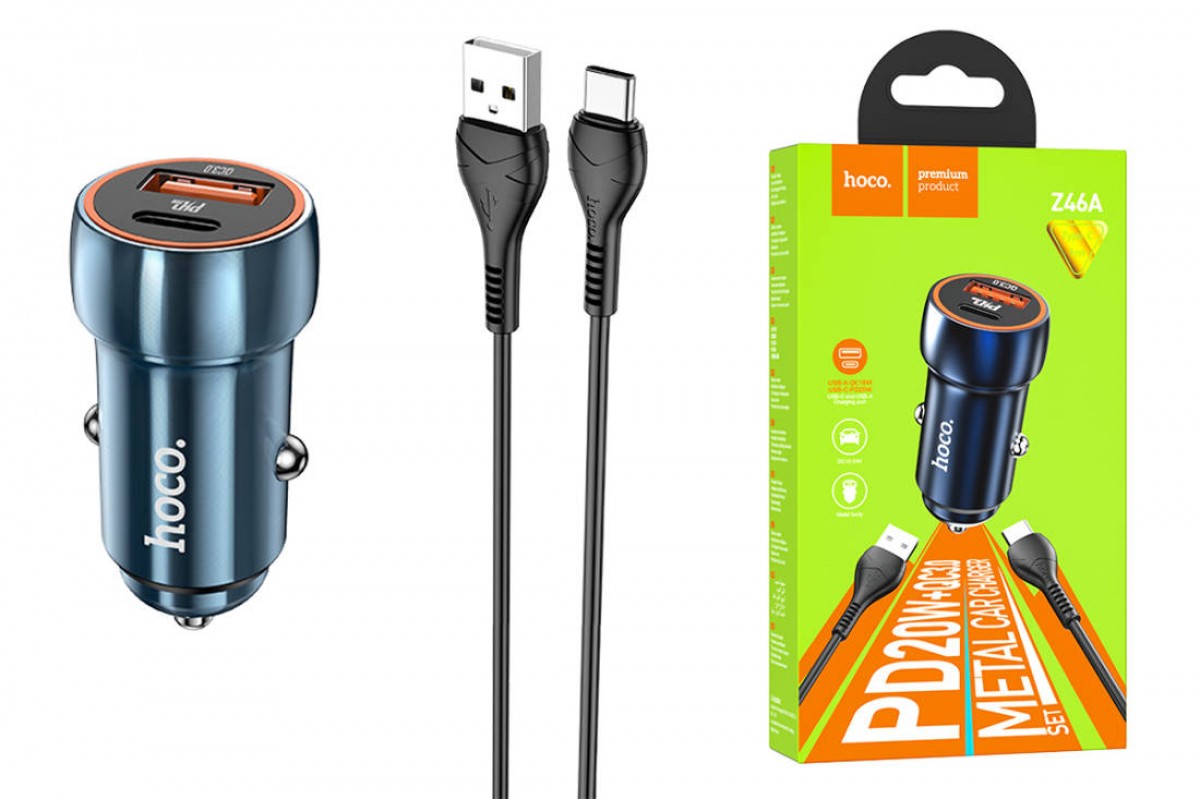 Автомобильное зарядное устройство АЗУ USB + Type-C + кабель Type-C HOCO Z46A Blue PD20W + QC3.0 (синий)