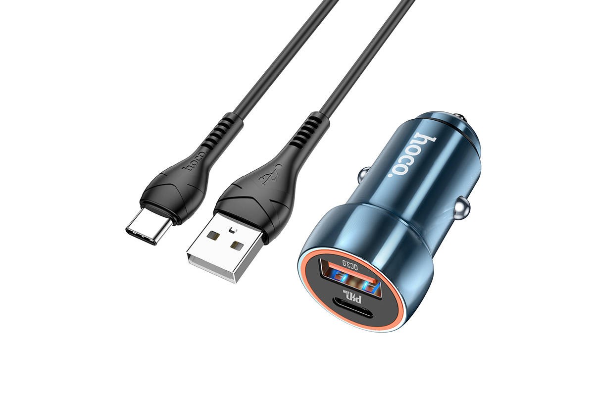 Автомобильное зарядное устройство АЗУ USB + Type-C + кабель Type-C HOCO Z46A Blue PD20W + QC3.0 (синий)
