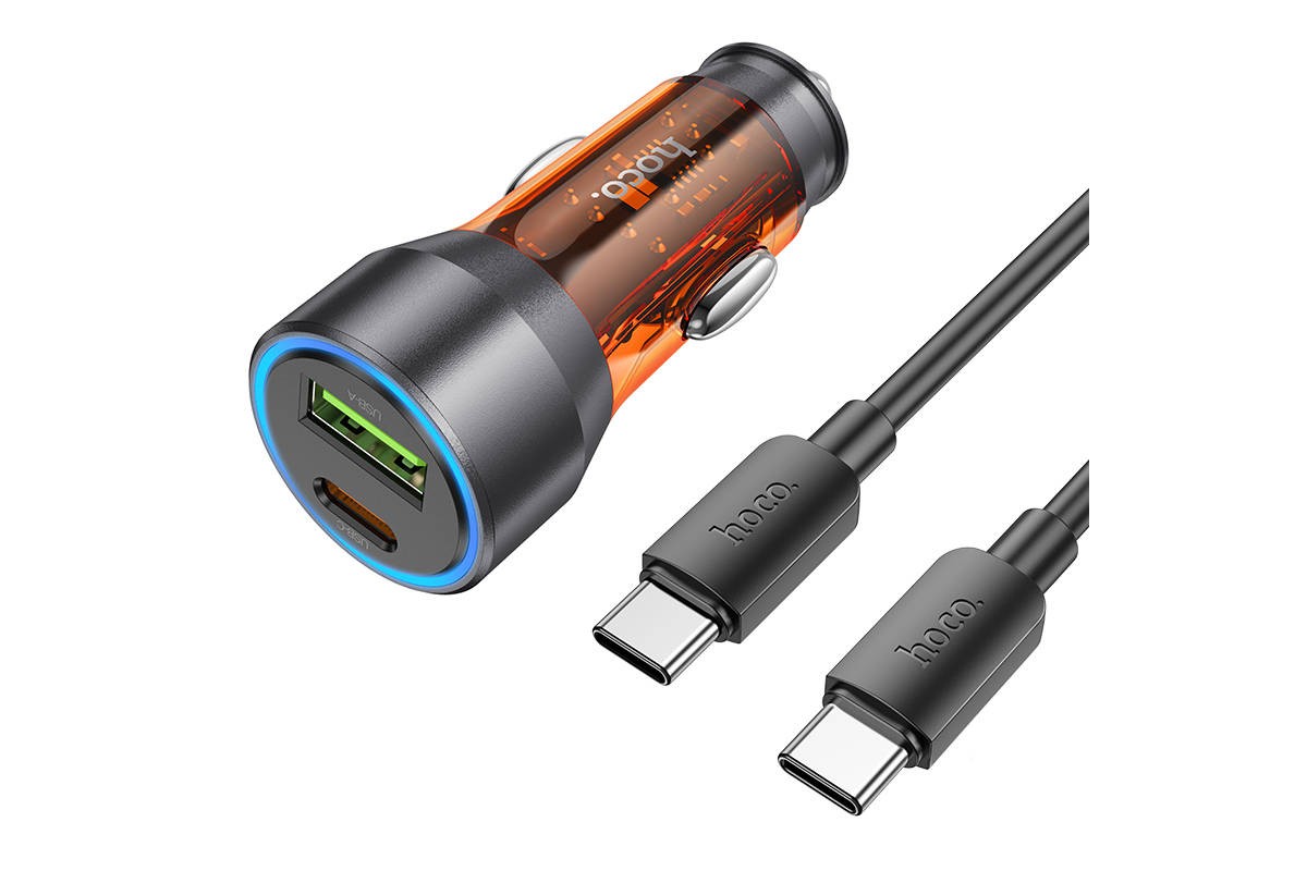 Автомобильное зарядное устройство АЗУ USB + USB-С + кабель Type-C HOCO NZ12A PD43W (оранжевый прозрачный)