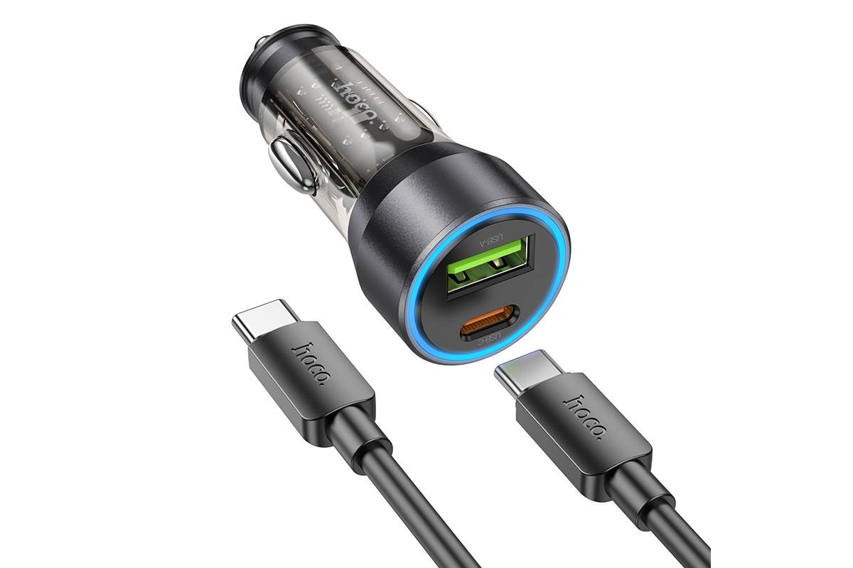 Автомобильное зарядное устройство АЗУ USB + USB-С + кабель Type-C HOCO NZ12A PD43W (оранжевый прозрачный)