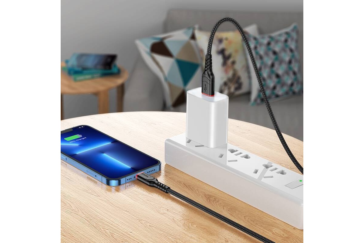 Кабель USB - Lightning HOCO X59, 2,4A (черный) 2м (в оплетке, с усиление сгиба)