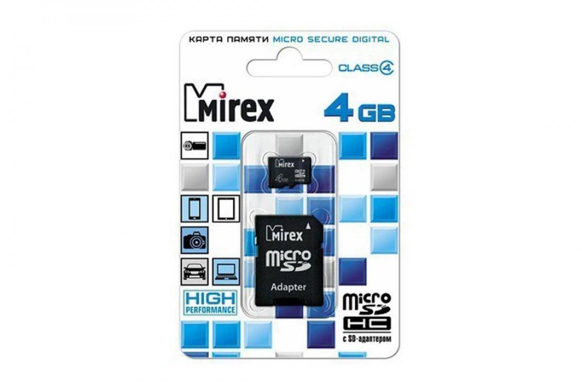 Карта памяти Mirex 4GB MicroSD (Сlass4) без адаптера (поврежденная упаковка)