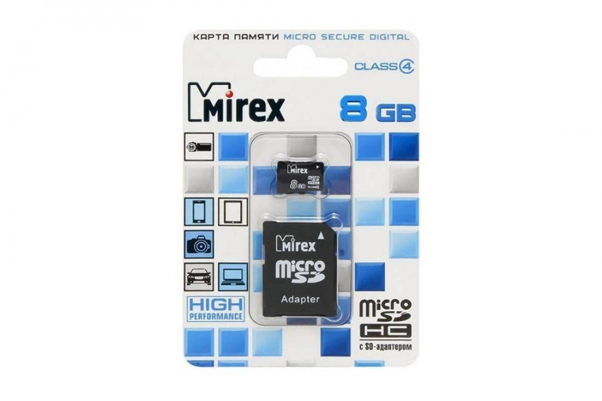 Карта памяти Mirex 8GB MicroSD (Class4) с адаптером