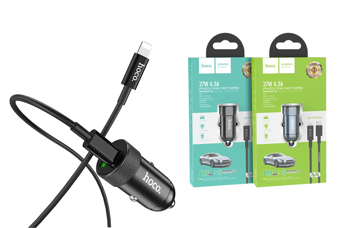Автомобильное зарядное устройство USB +Type C HOCO Z32B Speed up PD+QC3.0 car charger Set(C TO Lightning) черный