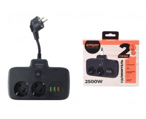 Сетевой тройник Amper 0,2м, 2 розетки, 3*0,75мм, 10А, 2500 Вт, 3usb, 1Type-C, 1кн, черный. T2535B