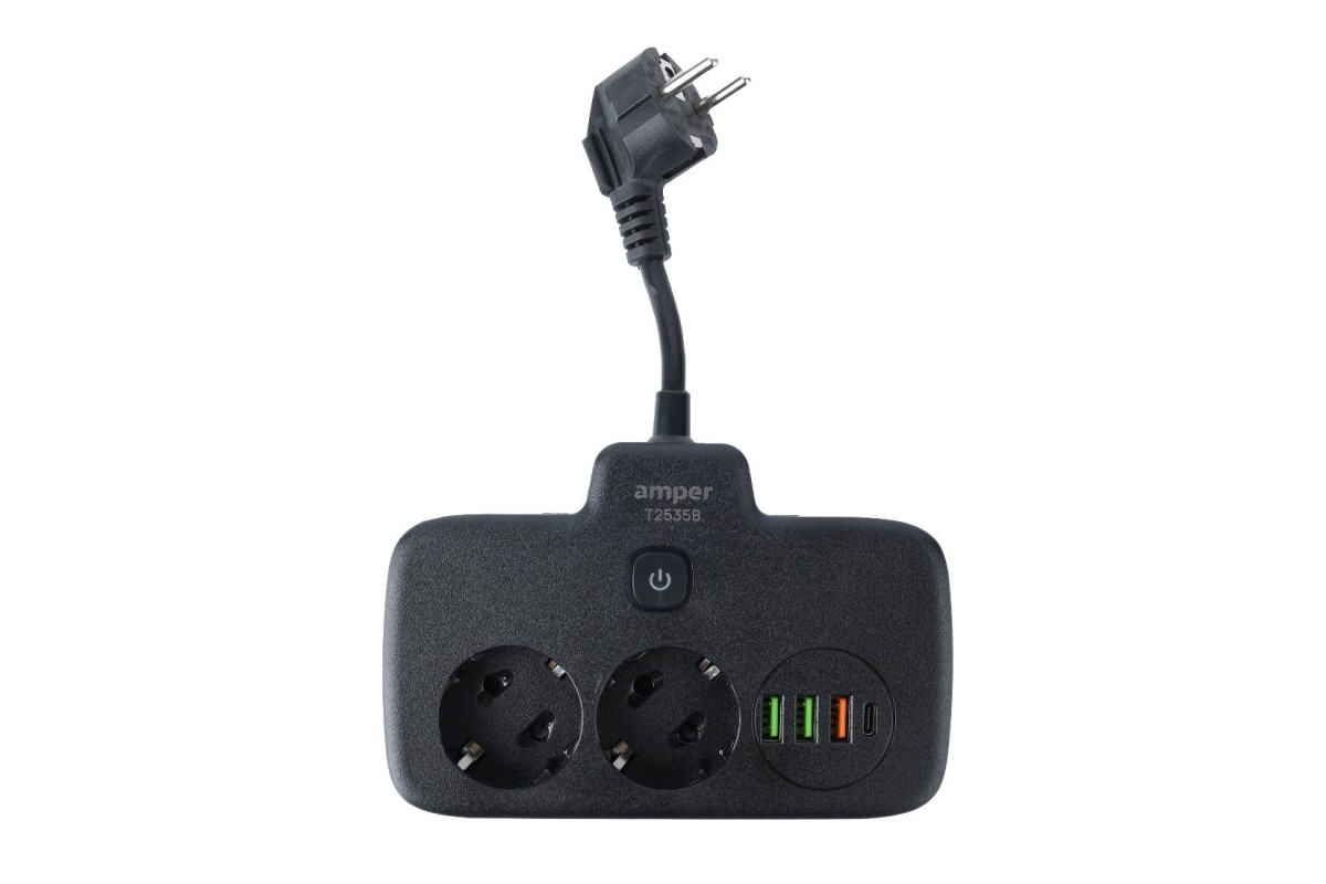 Сетевой тройник Amper 0,2м, 2 розетки, 3*0,75мм, 10А, 2500 Вт, 3usb, 1Type-C, 1кн, черный. T2535B