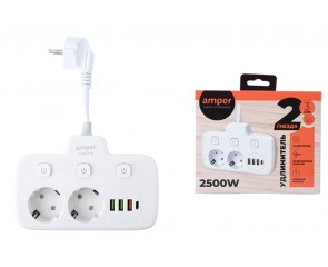Сетевой тройник Amper 0,1м, 2 розетки, 3*0,75мм, 10А, 2500 Вт, 3usb, 1Type-C, 3кн, белый. T2435W