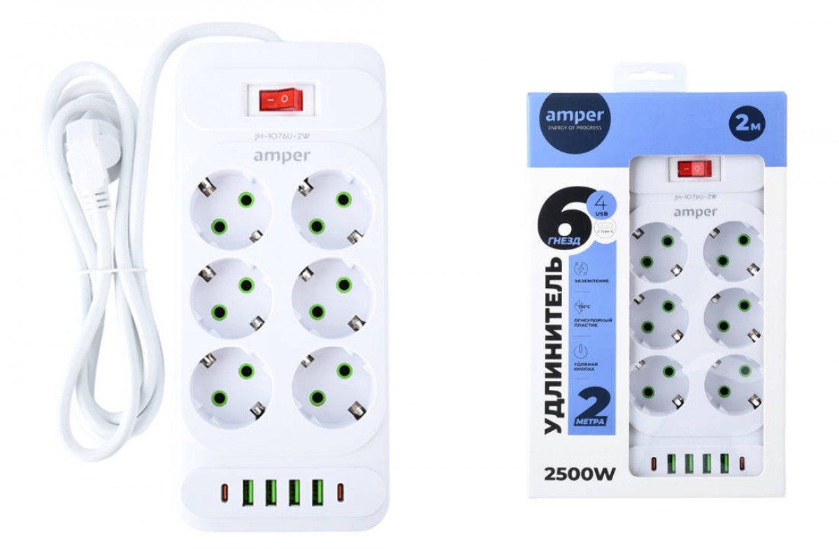 Сетевой фильтр Amper 2,0м, 6 розеток, 10А, 2500 Вт, 4usb,2Type-C, белый. JH-1076U-2W