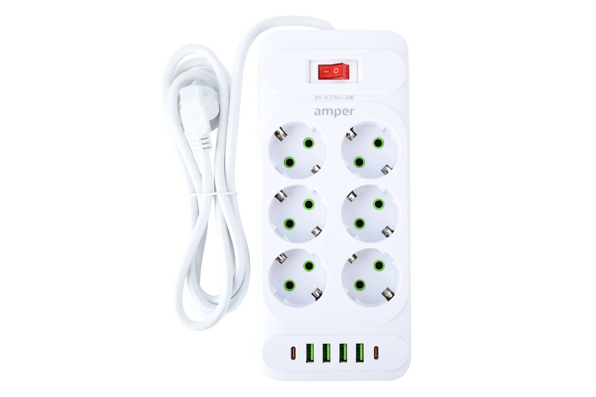 Сетевой фильтр Amper 2,0м, 6 розеток, 10А, 2500 Вт, 4usb,2Type-C, белый. JH-1076U-2W