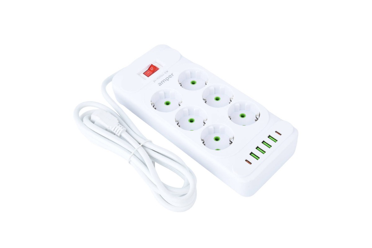 Сетевой фильтр Amper 2,0м, 6 розеток, 10А, 2500 Вт, 4usb,2Type-C, белый. JH-1076U-2W