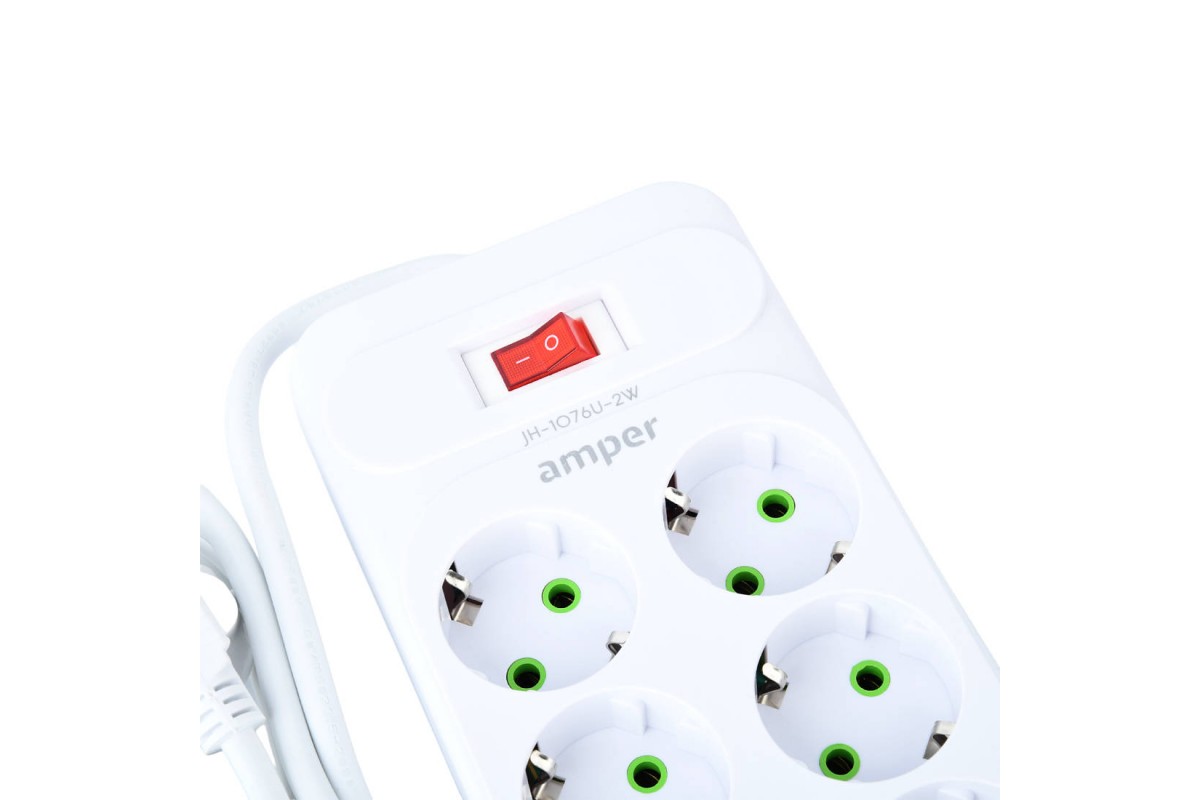 Сетевой фильтр Amper 2,0м, 6 розеток, 10А, 2500 Вт, 4usb,2Type-C, белый. JH-1076U-2W