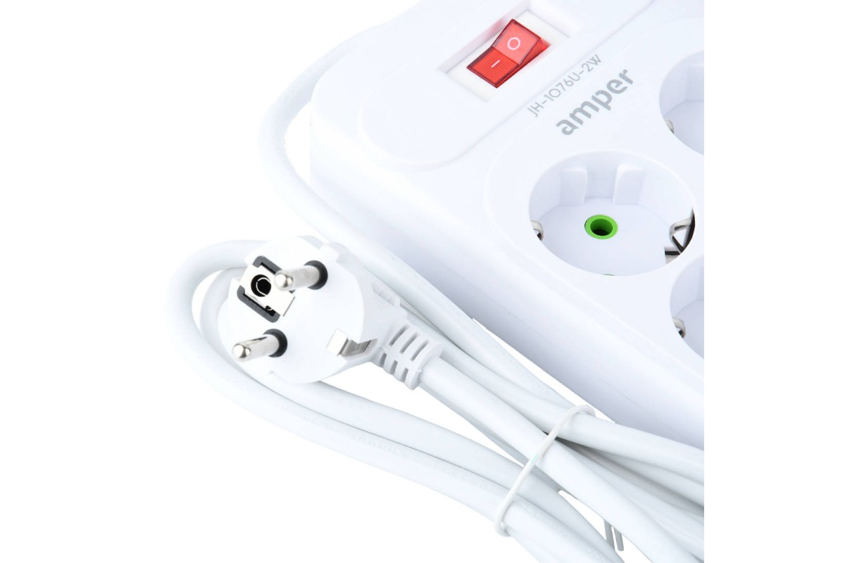 Сетевой фильтр Amper 2,0м, 6 розеток, 10А, 2500 Вт, 4usb,2Type-C, белый. JH-1076U-2W